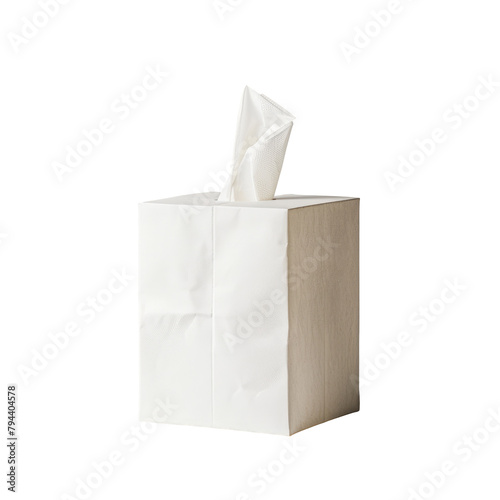 A single tissue paper box with a tissue peeking out from the top set against a transparent background on transparent background