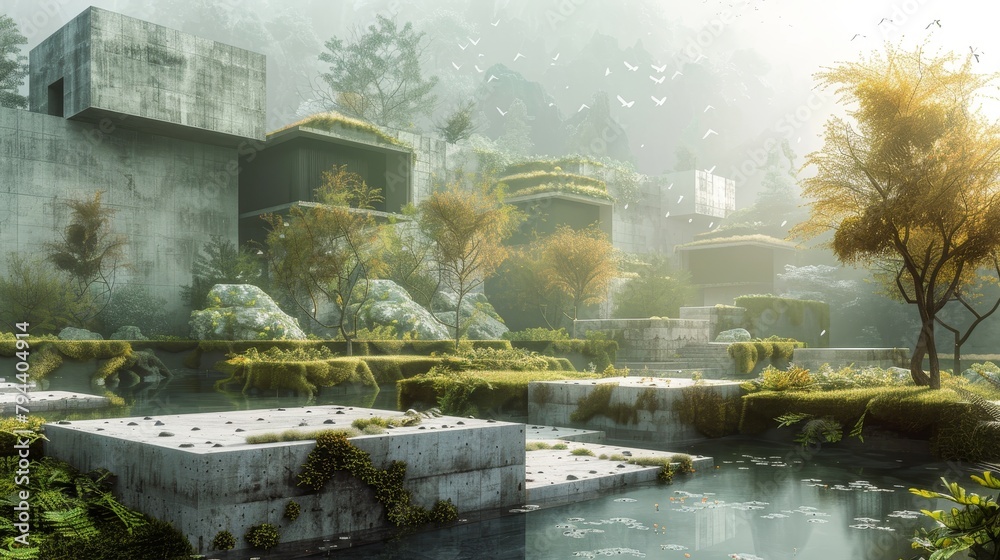 Architectural landscape with a dreamlike quality      AI generated illustration