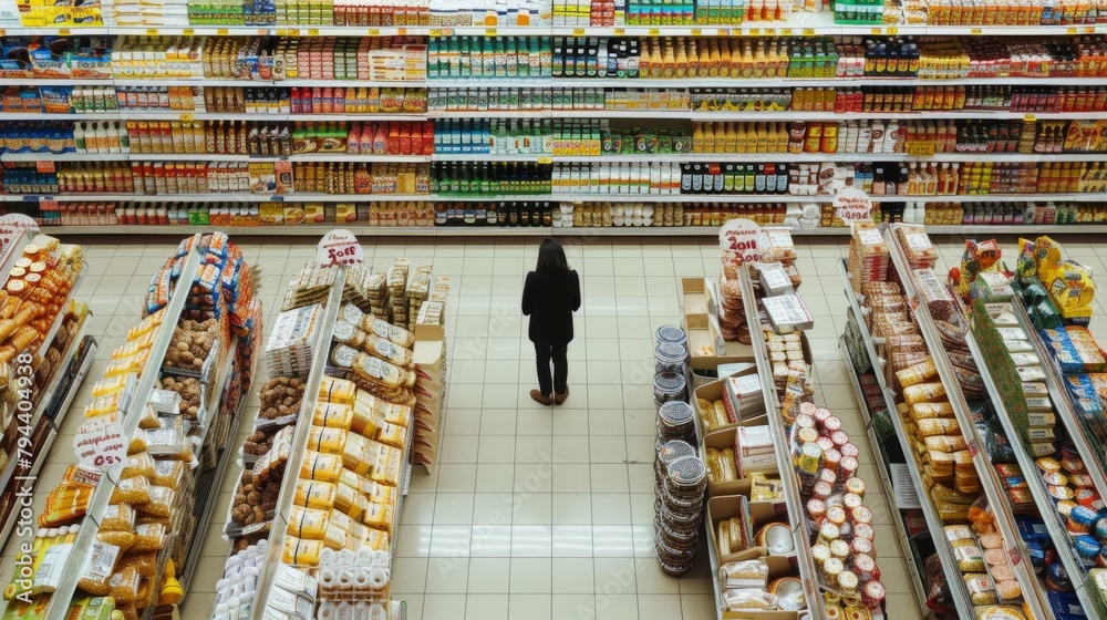 A person is seen walking past a variety of packaged foods on display in a grocery store aisle