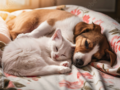 Gato y perro adorables mascotas durmiendo juntos