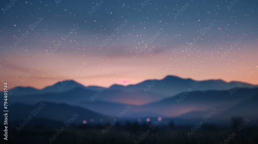 Naklejka premium Defocused In the background a mountain range fades into a blur as the first stars begin to peek through the dimming evening sky enveloping the scene in a peaceful aura of twilight .