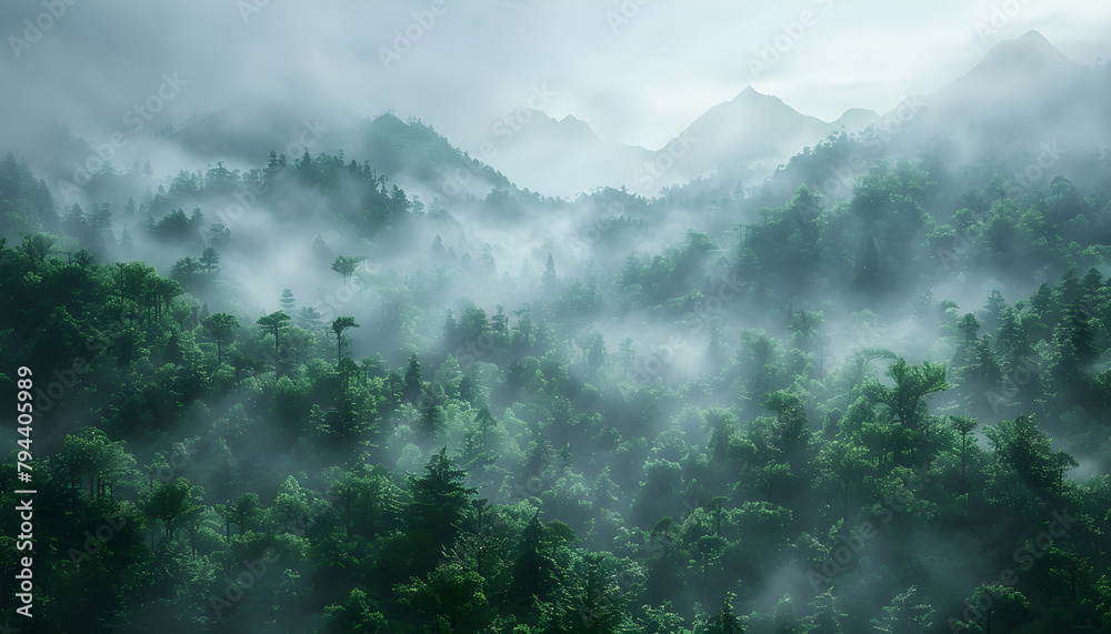 Exotic foggy forest panorama, a natural oasis in a remote jungle. The misty atmosphere creates a mysterious and serene landscape.