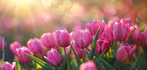 Pink tulips in pastel coral tints at blurry background, closeup. Fresh spring flowers in the garden #794405932