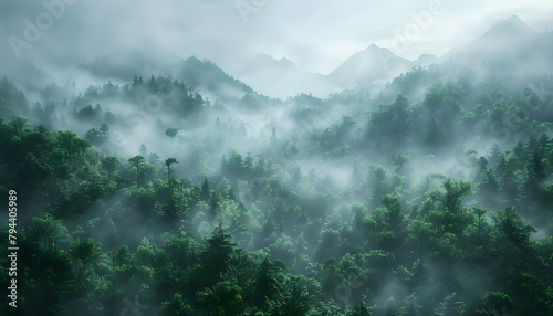 Exotic foggy forest panorama, a natural oasis in a remote jungle. The misty atmosphere creates a mysterious and serene landscape. photo