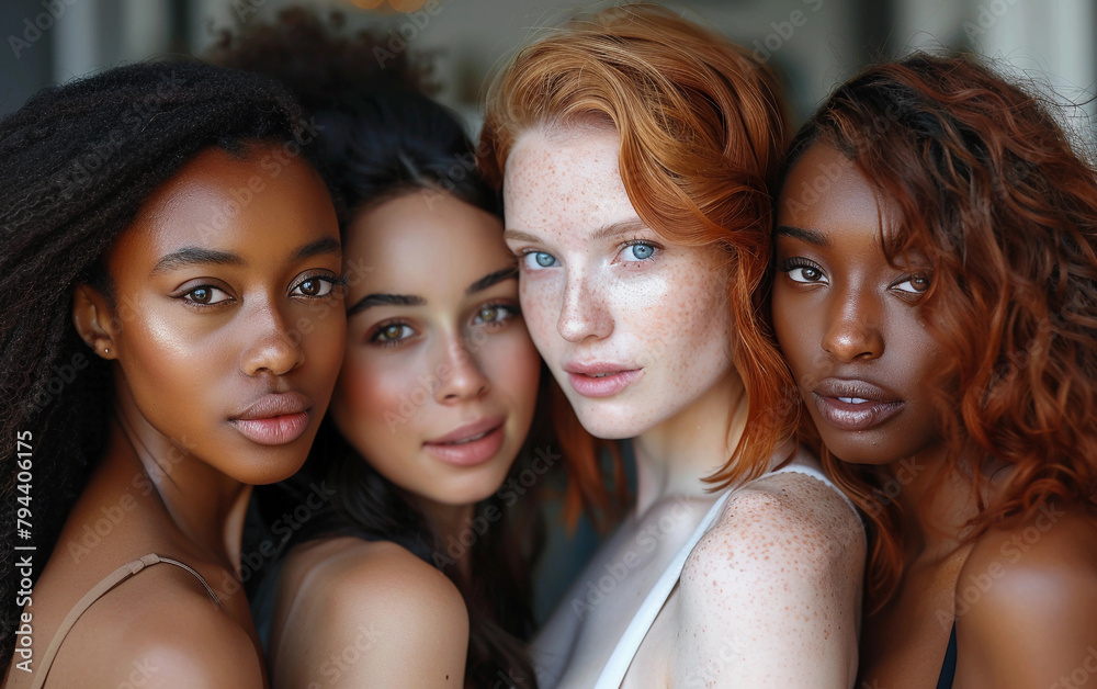 Four women with different hair colors and skin tones are posing for a photo. Scene is friendly and welcoming, as the women are smiling and looking at the camera