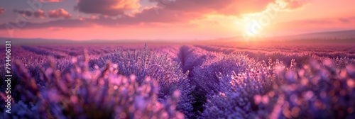 Lavender fields at sunset, a visual poem in purple and pink hues. Ideal for beauty, tranquility, and agricultural themes.