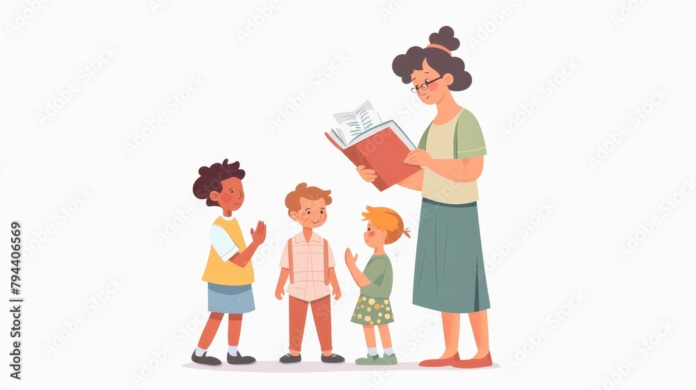 Animated reading session with kids, captures joy of storytelling, perfect for educational materials. Animated reading session with kids, captures joy of storytelling, perfect for educational materials.