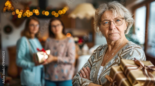 Grumpy mother-in-law spoiling festive family gathering with her moody behavior photo