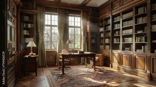 A large room with a desk and a chair  and a large bookcase with many books