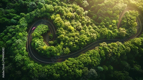 a bird's-eye view of a winding road cutting through a dense, emerald green forest