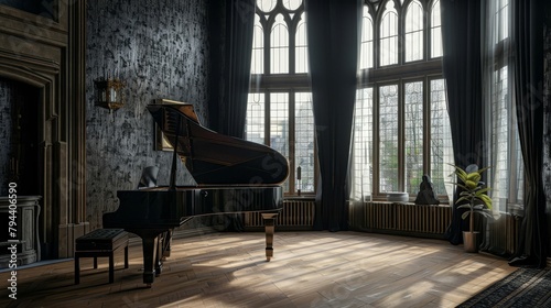 Grand piano in an elegant room with tall windows, perfect for music or luxury lifestyle content.