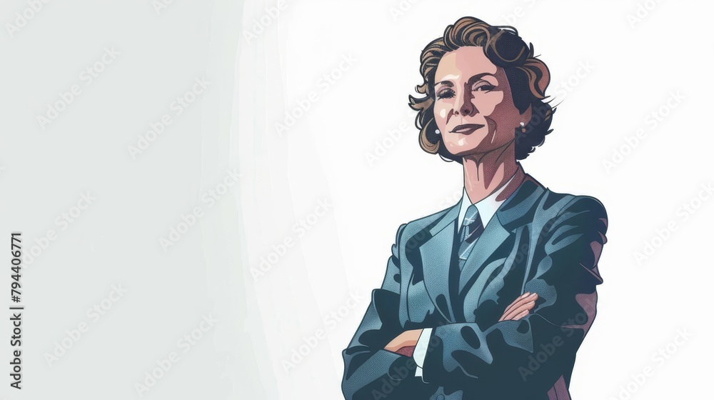 Stylized illustration of a senior woman, arms crossed, embodying strength and determination. Stylized illustration of a senior woman, arms crossed, embodying strength and determination.