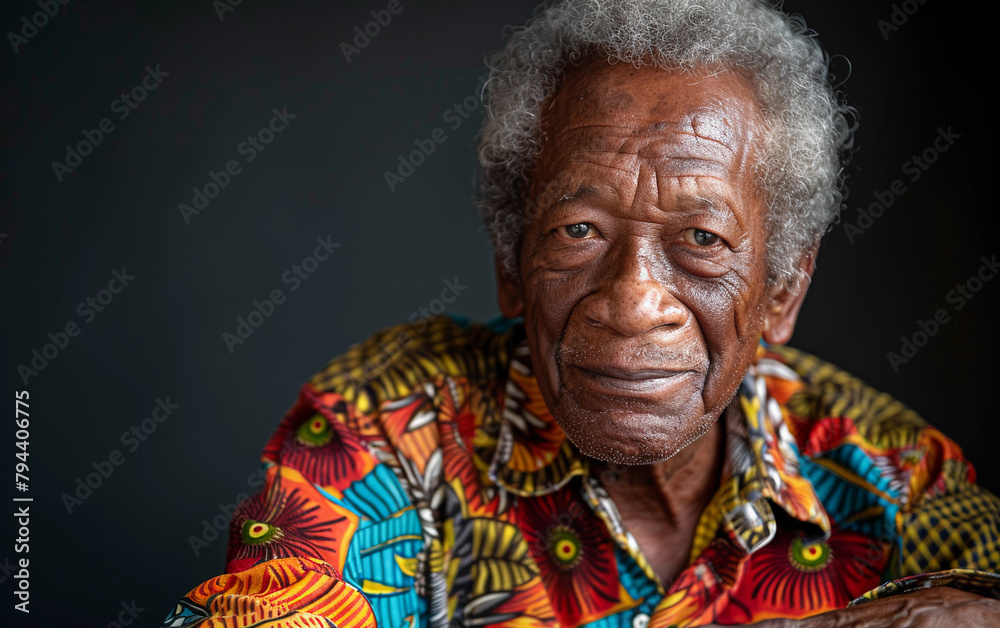 A man with a beard and gray hair is wearing a colorful shirt. He is smiling and looking at the camera A man with a beard and gray hair is wearing a colorful shirt. He is smiling and looking at the camera