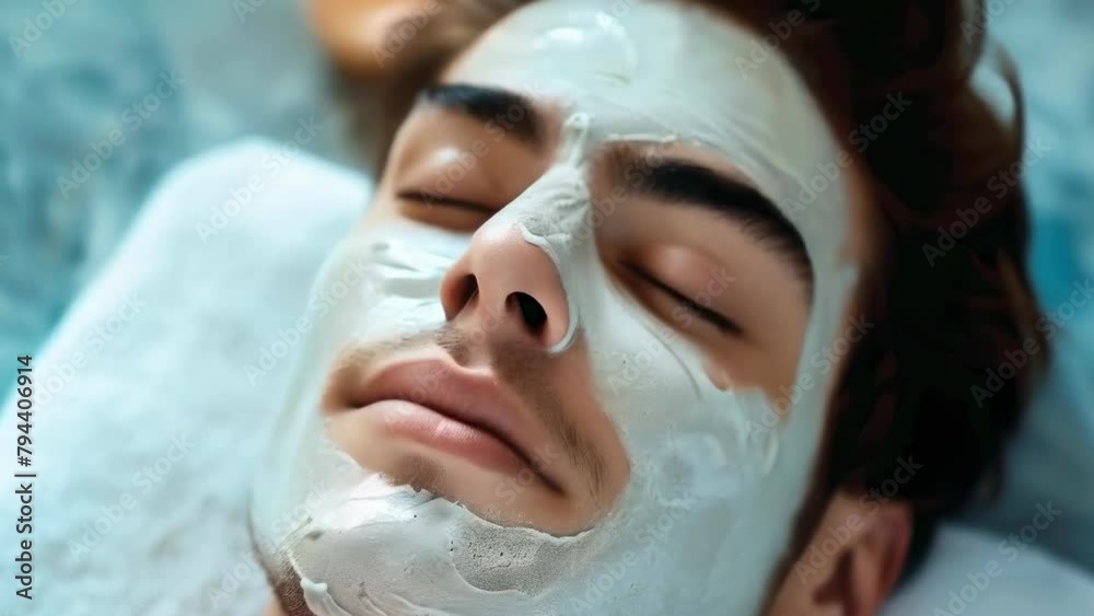 Man's face covered in foamy cleansing mask during spa session, reflecting increasing popularity of self-care among men. Care, nurturing of skin of the face and body. Relaxation after a hard day's work