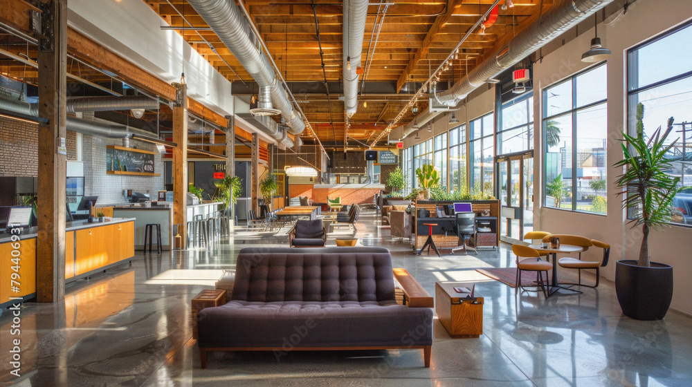 A large room with a couch and a potted plant