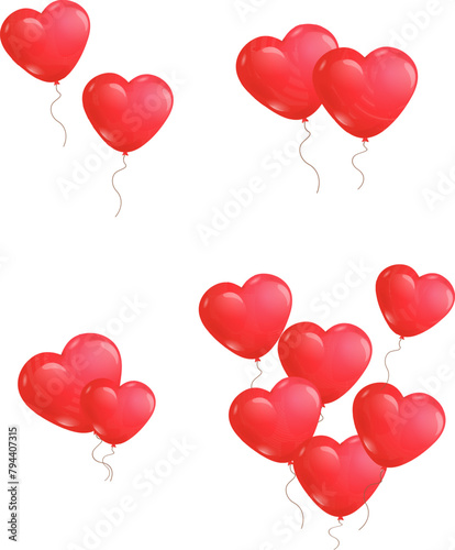 Red balloons. A set of red love balls in the shape of hearts. Balls in the shape of a heart in a cartoon flat style.
