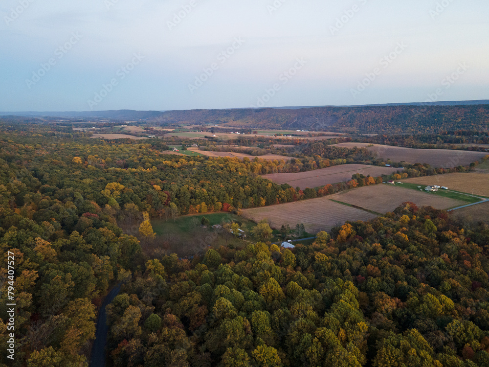 Aerial landscape of farmland in the Appalachian mountains in rural Herndon Central Pennsylvania