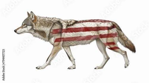   A wolf with an American flag blanket draped over its back walks away from the camera