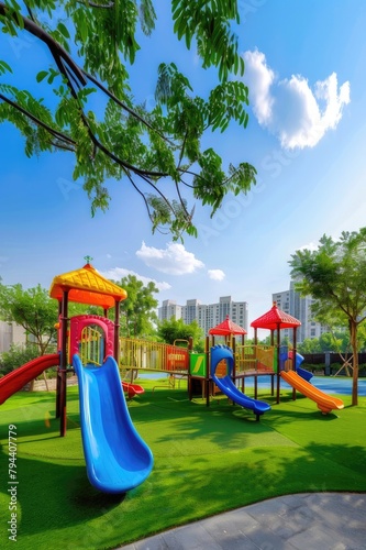 Kids playground with colorful equipment on artificial grass