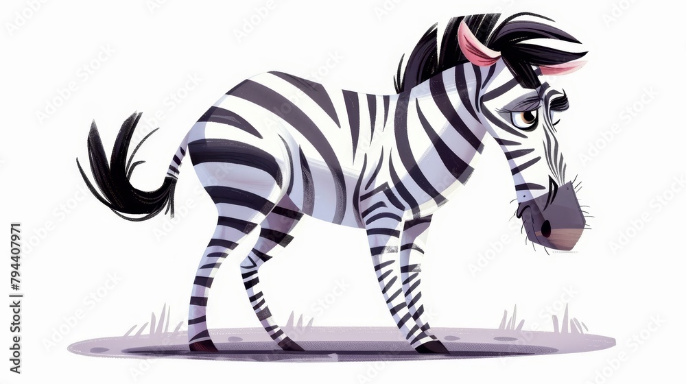 Fototapeta premium A zebra stands in the grass, turning its head toward the camera