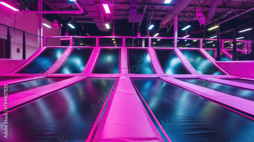 A pink and black indoor playground with a neon pink color scheme photo