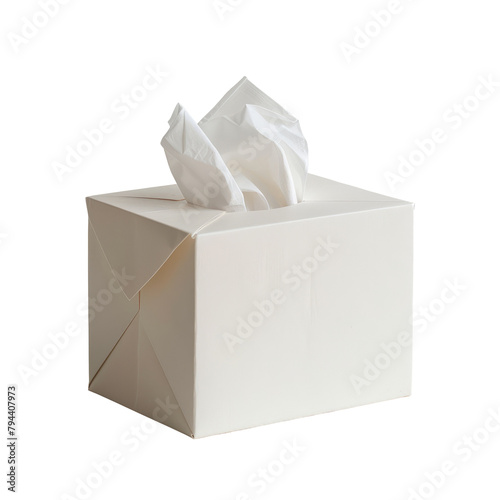 A single tissue paper box with a tissue peeking out from the top set against a transparent background on transparent background