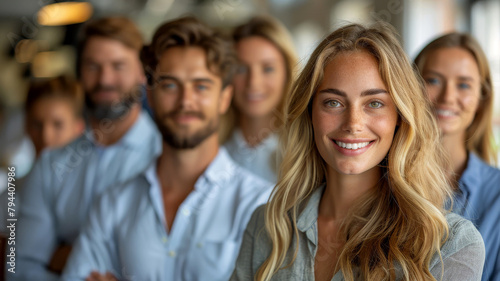 Dynamic Team Leadership. A confident female leader stands out with her team in the background, highlighting teamwork and guidance.