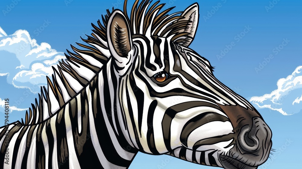 Fototapeta premium A tight shot of a zebra's face against a backdrop of cloudy sky, adorned with scattered clouds