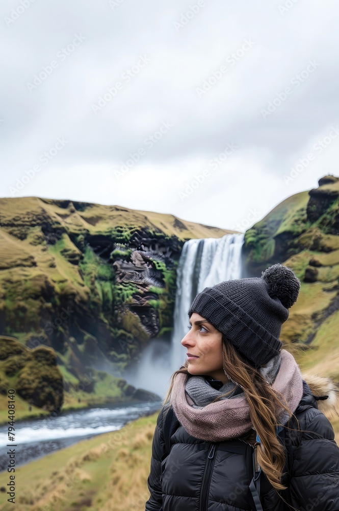 Portrait of a Woman overlooking waterfall at Island.