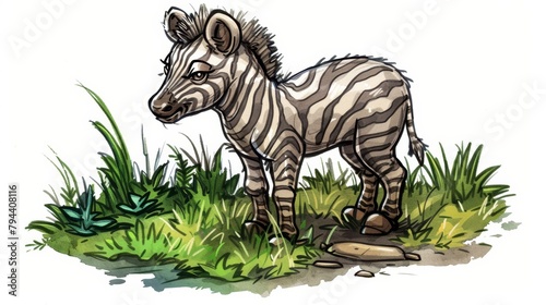  atop a verdant field, stands a striped creature; nearby, a rock and grassy terrain