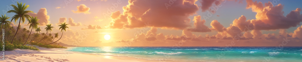 A beautiful beach scene with a sunset, ocean waves, palm trees and a sky filled with clouds.