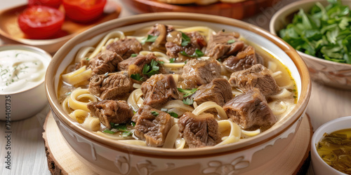 Beshbarmak on a light wooden table, Signature Tatar dish featuring boiled meat served over homemade pasta or noodles. photo