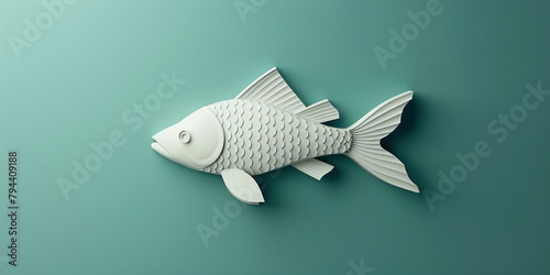 3D Rendering of a White Fish on a Vibrant Green Background with Copy Space and Natural Lighting