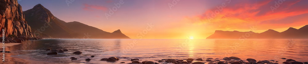 A beautiful beach scene with a body of water, possibly an ocean, and a stunning sunset in the background.
