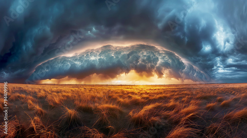 Dramatic supercell storm over golden fields, a powerful display of nature's fury. Perfect for weather, nature, and climate themes. photo