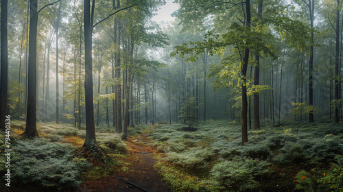 Misty forest at dawn. The tranquil beauty of a forest in morning mist, perfect for themes of nature, serenity, and wilderness exploration. photo