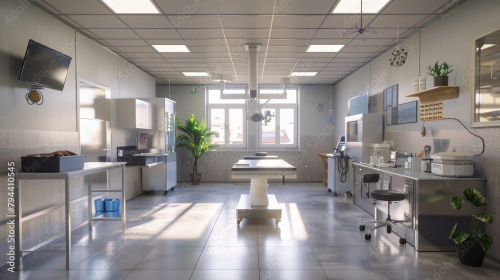 A hospital room with a large open space and a large cadaver on a table A hospital room with a large open space and a large cadaver on a table