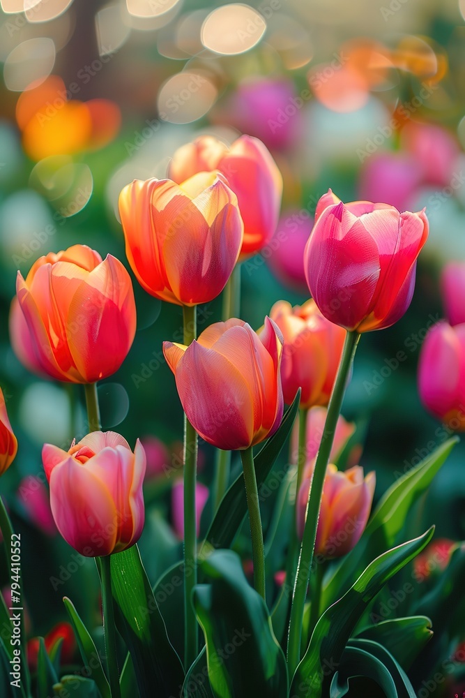 Pink tulips in pastel coral tints at blurry background, closeup. Fresh spring flowers in the garden