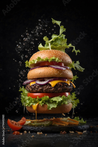 A hamburger on a dark background. Fast food.Natural light.