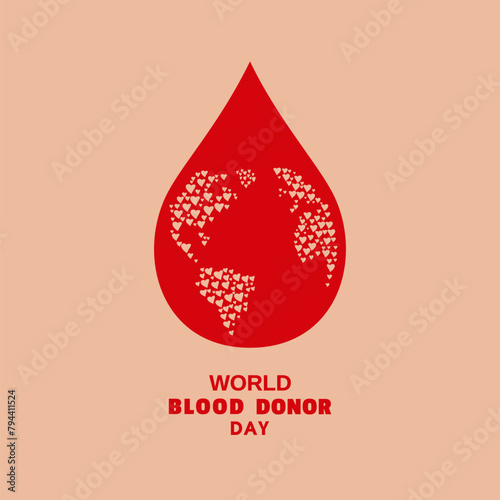 Blood donation medical poster vector concept. World Blood Donor Day icon. Human hearts in globe, red drop medical symbol design element illustration. Save life donate blood banner template background