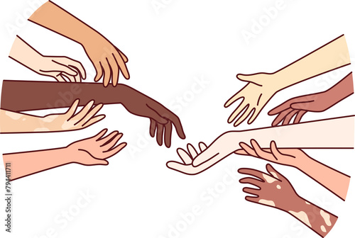 Hands diverse people with different skin colors, for concept importance of tolerance fighting discrimination based on race. Hands tolerant multiracial men and women wanting to find tolerant friends