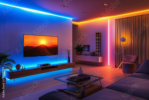 modern living room illuminated wtih vibrant led effect light for watching movies or playing games (1) photo