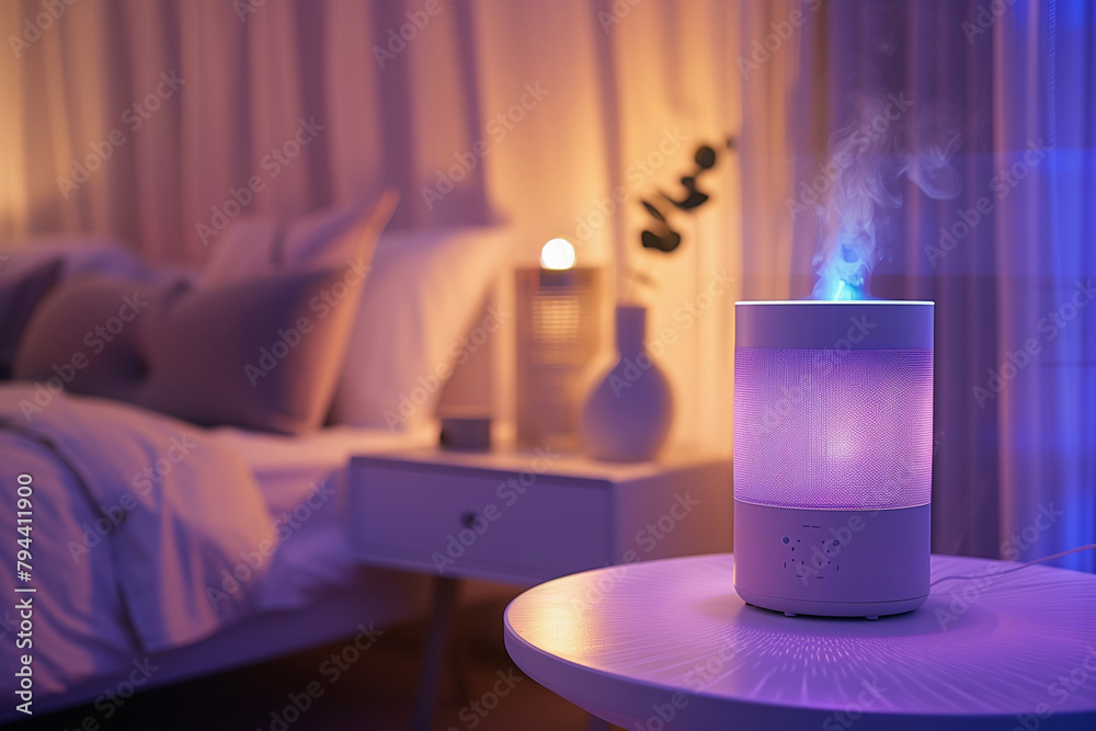 A small blue and purple diffuser or humidifier sits on a table in a bedroom A small blue and purple diffuser or humidifier sits on a table in a bedroom