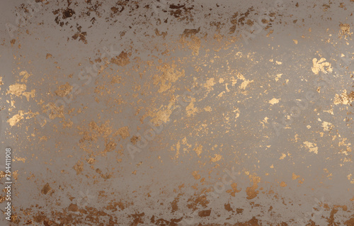 Crumble Paper texture painting glow glitter torn blot wall. Abstract gold, bronze and beige stain copy space background.