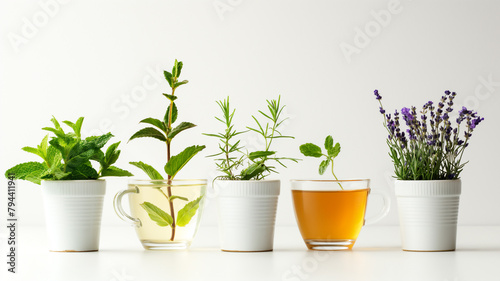 Fresh herbs in cups and herbal tea on a white background. photo