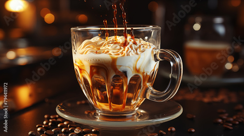 Coffee machine dispenses rich brew into the coffee cup, steam rising. The aroma around the coffee cup entices the senses. Each drop fills the coffee cup with warmth and flavor