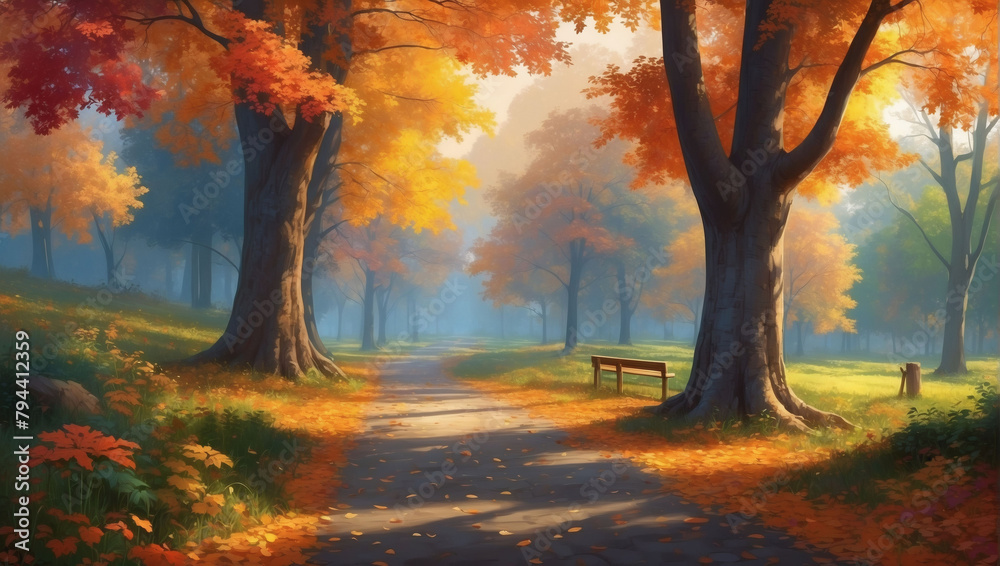 Splendid Autumn Landscape, Bursting Colors of Foliage in the Park. Nature's Artistry.