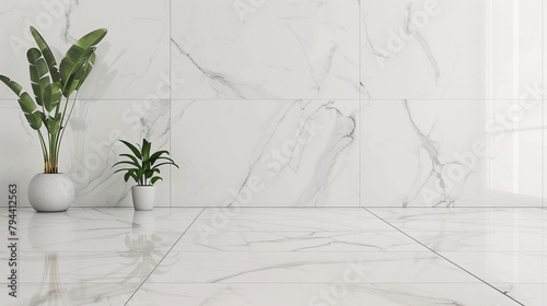 interior with bright marble materials and plants  space for text or product  1 