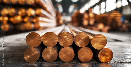 Beryllium copper rods or round bars, arranged in production warehouse, stacks of similar rods blur into industrial background, concepts related to industry, construction, metal alloy and engineering photo