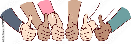 Thumbs up gesture shown by hands of multinational business people symbolizes agreement to partnership and confirmation of plans for collaboration. Men and women show thumbs up to show unity © drawlab19